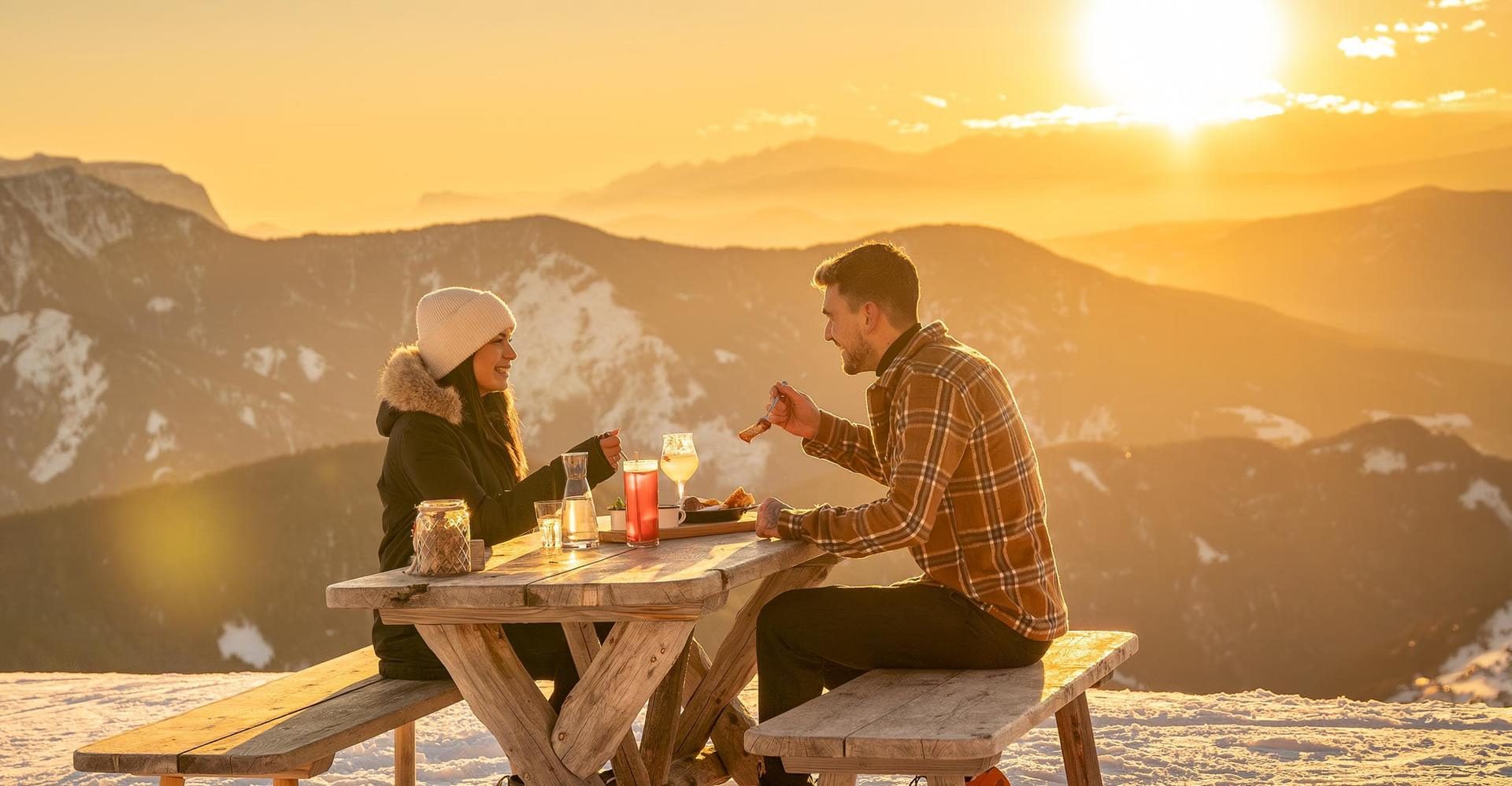 Paar beim Essen im Schnee bei Sonnenuntergang auf der Rossalm Plose